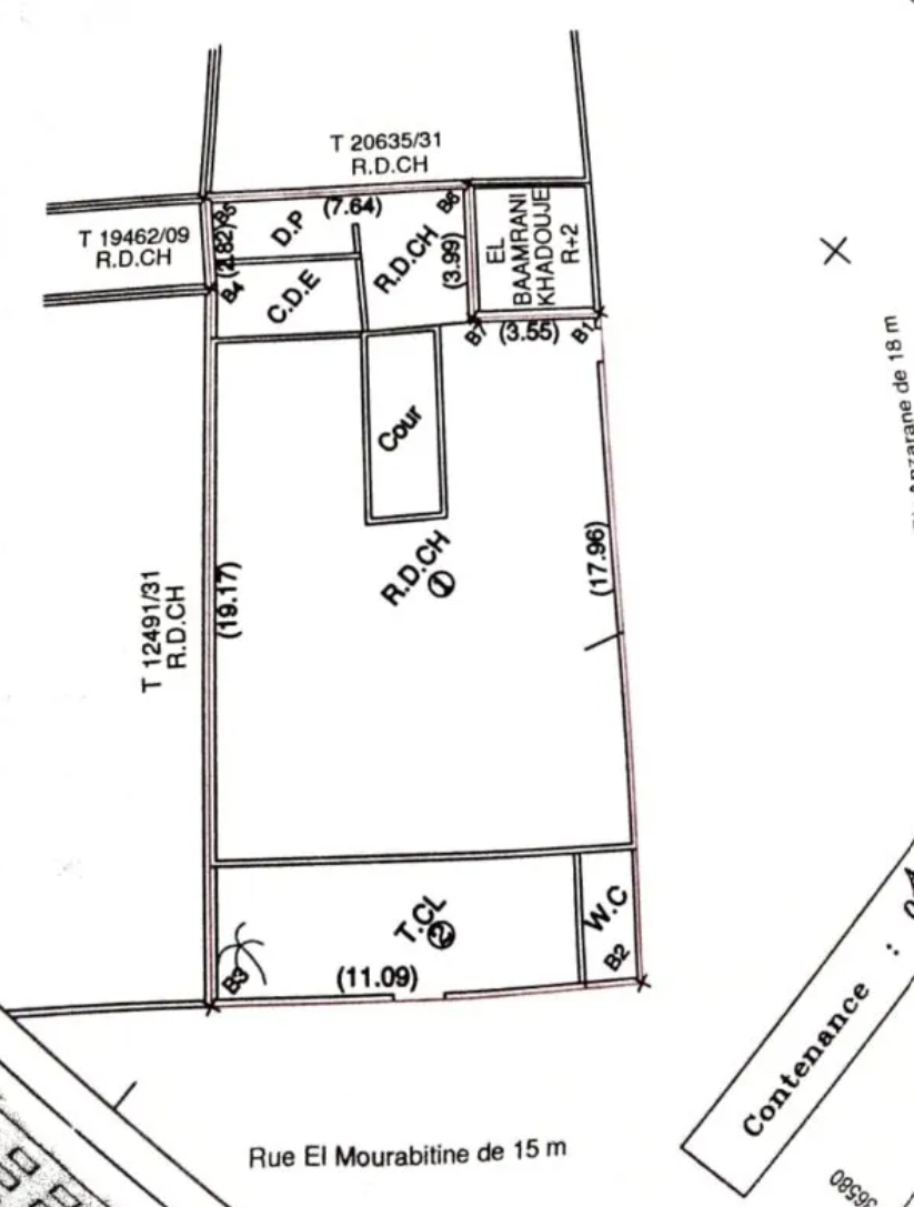 Plan de parcelle · Rue El Mourabitine (rue de 15 m) · façade principale lisible env. 11,09 m.